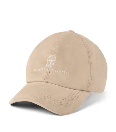 Brunello Cucinelli Suede Logo Baseball Cap In Brown