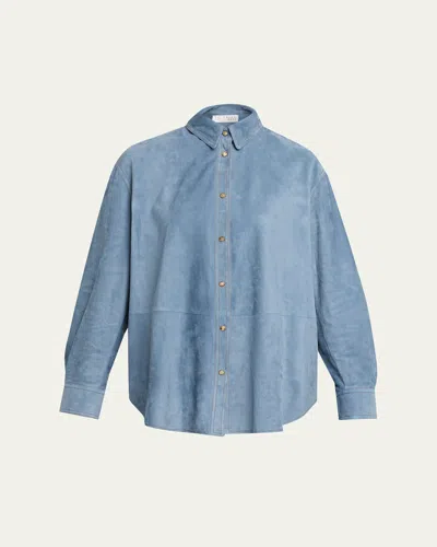 Brunello Cucinelli Suede Long Sleeve Snap Button Shirt In Blue
