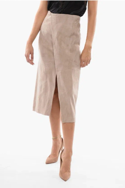 Brunello Cucinelli Suede Longuette With Front Split In Neutral