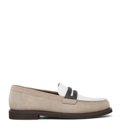 BRUNELLO CUCINELLI SUEDE MONILI CLAMP PENNY LOAFERS