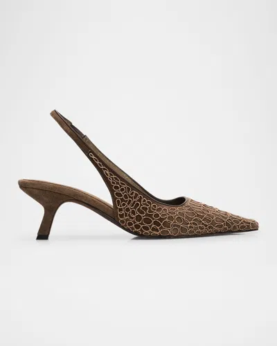 Brunello Cucinelli Suede Monili Croco Slingback Pumps In Brown