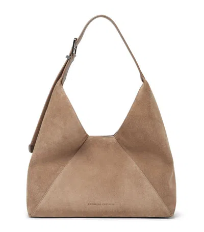 Brunello Cucinelli Suede Monili-detail Hobo Bag In Brown