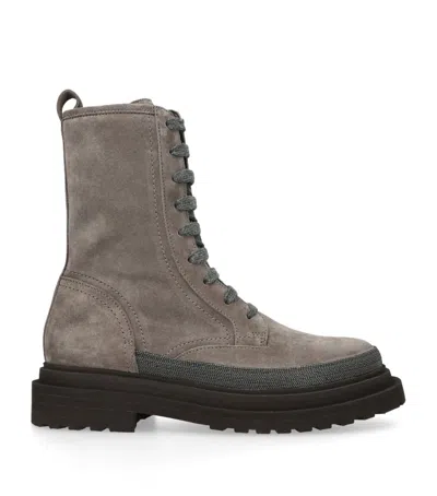 Brunello Cucinelli Bead-embellished Suede Combat Boots In Brown
