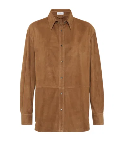 Brunello Cucinelli Suede Monili-trim Shirt In Sand