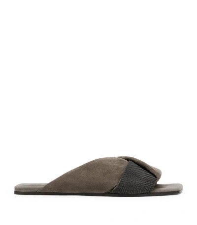 Brunello Cucinelli Monili-embellished Suede Sandals In Taupe