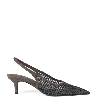 Brunello Cucinelli Suede Monili-embroidered Slingback Pumps 55 In Brown
