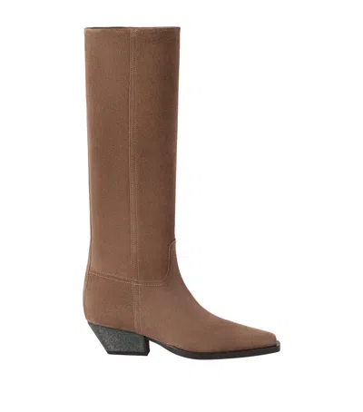 Brunello Cucinelli Suede Monili-heel Knee-high Boots 50 In Brown