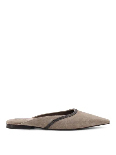 Brunello Cucinelli Suede Mule With Mobile Details In Gray
