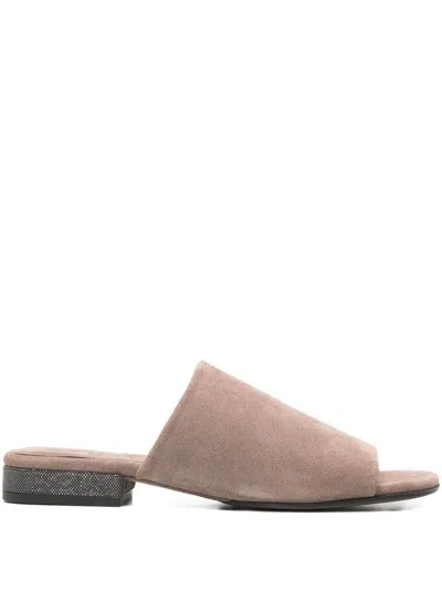 Brunello Cucinelli Women Beige Sandals With Monil Detail On The Heel In Suede Woman In Neutral