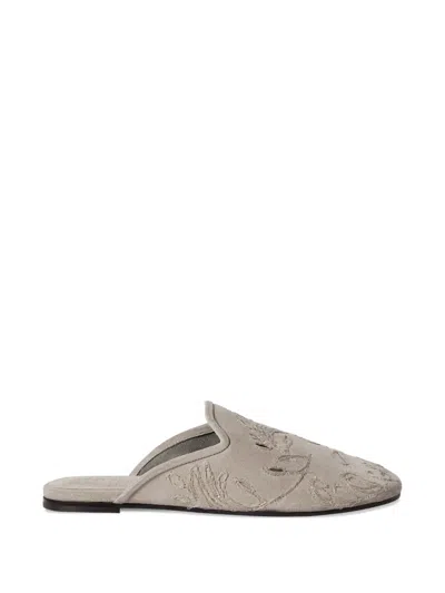 Brunello Cucinelli Suede Mules With Dazzling Broderie Anglaise In Gray