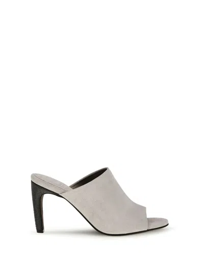 Brunello Cucinelli Suede Mules With Precious Heels In Gray