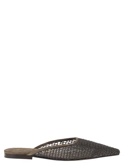 Brunello Cucinelli Suede Mules With Precious Net Embroidery In Brown