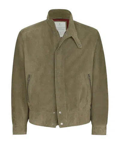 Brunello Cucinelli Suede Outerwear Jacket With Thermore Padding And Standing Collar In Green