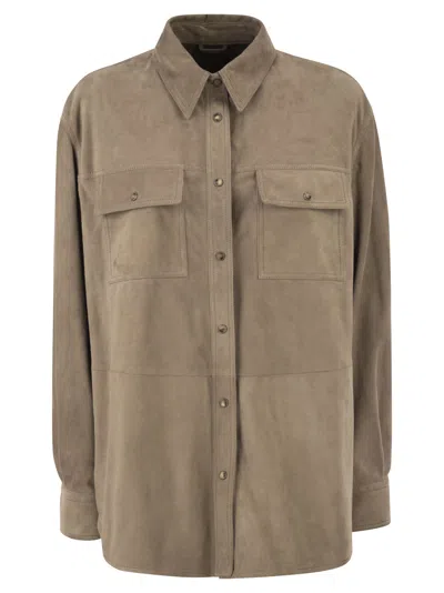 Brunello Cucinelli Suede Overshirt With Patch Pockets In Neutral