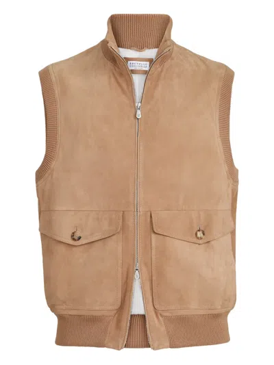 Brunello Cucinelli Suede Padded Gilets In Brown