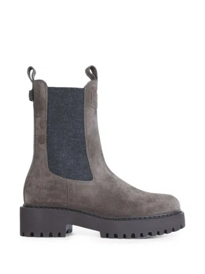 Brunello Cucinelli Suede Panelled Ankle Boots In Gray