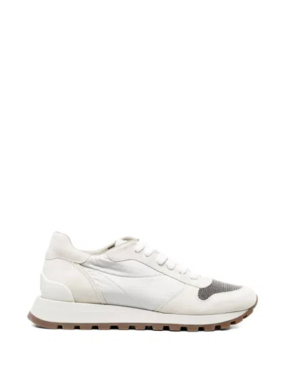Brunello Cucinelli White Nylon And Suede Trainer In Neutral