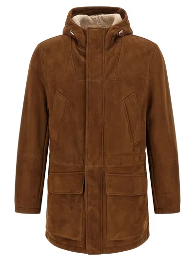 Brunello Cucinelli Suede Parka With Shearling Lining Coat In Brown