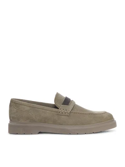 Brunello Cucinelli Suede Penny Loafers With Jewel Applique In Gray