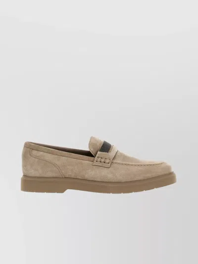 Brunello Cucinelli Suede Penny Strap Loafers With Rubber Sole In Beige
