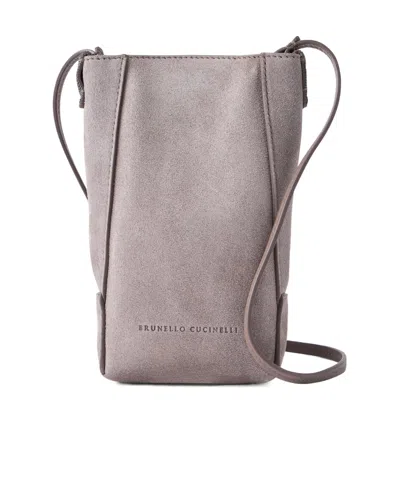 Brunello Cucinelli Embellished Leather-trimmed Suede Pouch In Gray