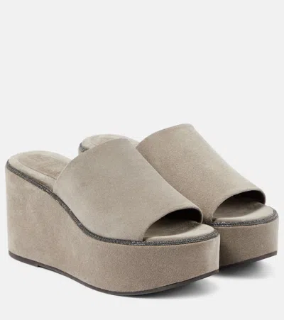 Brunello Cucinelli Suede Slide Wedge Platform Sandals In Beige