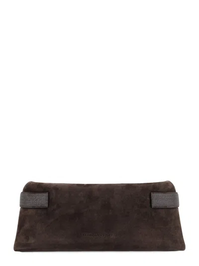 Brunello Cucinelli Suede Pochette With Monili Detail In Brown