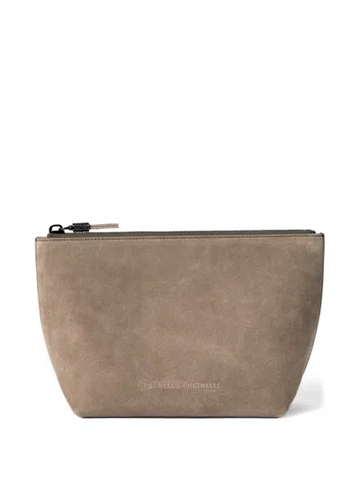 Brunello Cucinelli Suede Pouch With Shiny Zipper Pull In Gray
