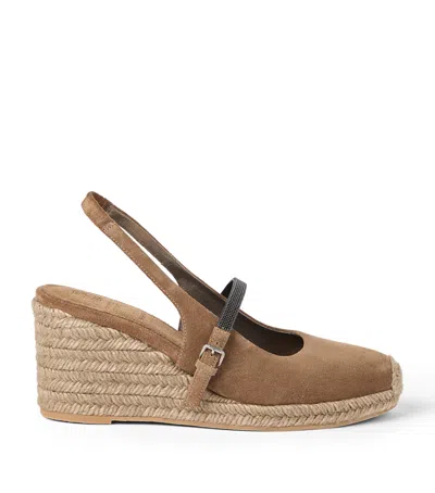 Brunello Cucinelli Suede Precious Strap Espadrille Wedges 60 In Brown