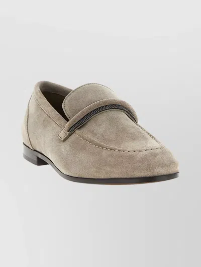 Brunello Cucinelli Suede Round Toe Stitch Detail Loafers In Gray