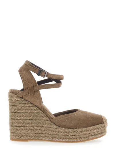Brunello Cucinelli Suede Round-toe Wedge Sandals With Ankle Strap In Brown