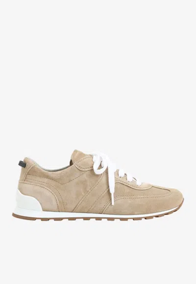Brunello Cucinelli Calf Suede Panelled Sneakers In Neutral