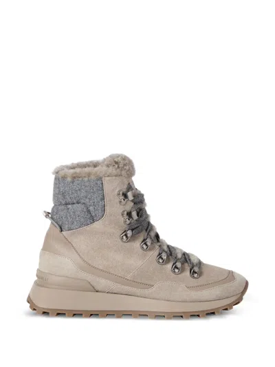Brunello Cucinelli Suede Runners With Knit Insert And Shearling Lining In Multi