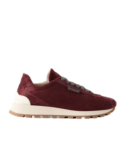 Brunello Cucinelli Suede Runners With Shiny Tab In Burgundy