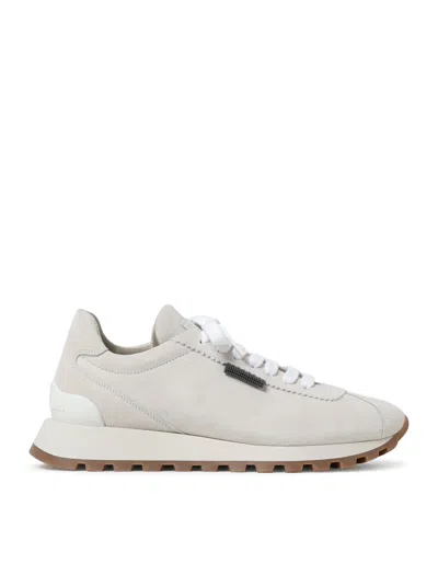 Brunello Cucinelli Suede Runners With Shiny Tab In White