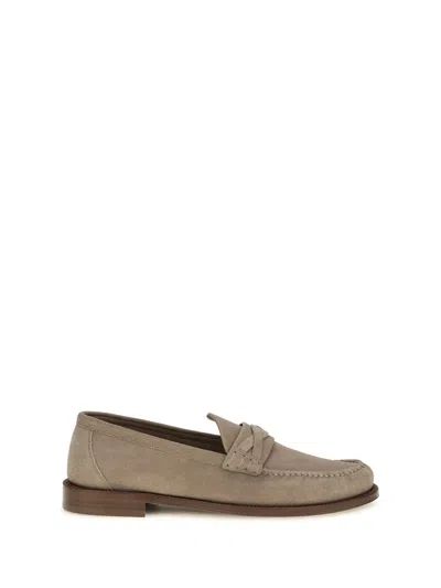 Brunello Cucinelli Suede Saddle Strap Loafer In Gray