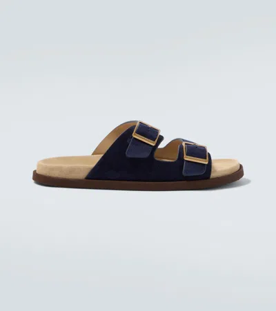Brunello Cucinelli Black Calf Leather Bos Taurus Flat Sandals In Blue