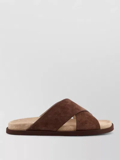 Brunello Cucinelli Suede Sandals Cross Strap Flat Sole In Brown