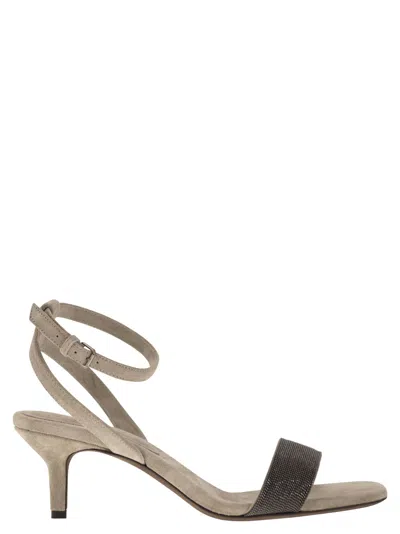 Brunello Cucinelli Suede Sandals With Precious Insert In Dove Grey