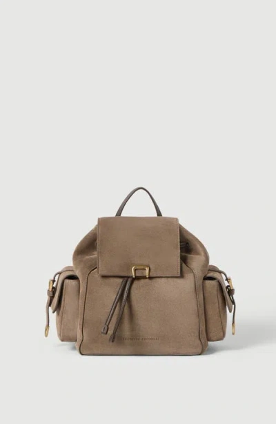 Brunello Cucinelli Suede Sartorial Backpack In Bark