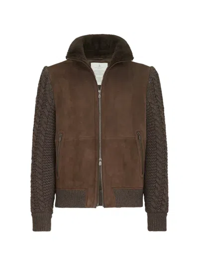 Brunello Cucinelli Suede Shearling And Cashmere Knit Bomber Jacket With Thermore Padding In Brown