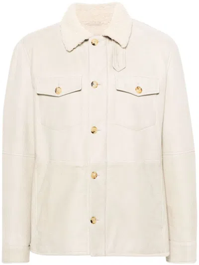 Brunello Cucinelli Suede Shearling-collar Jacket In White