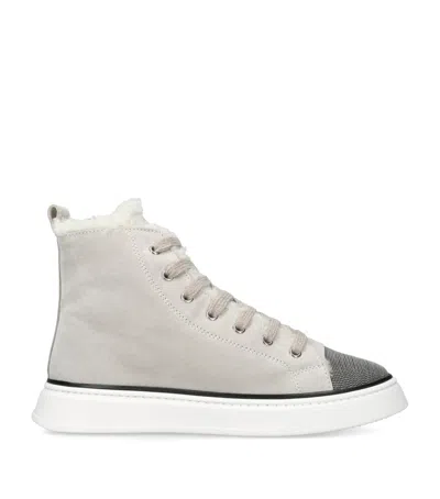 Brunello Cucinelli Kids' Suede Shearling-lined High-top Sneakers In Neutral