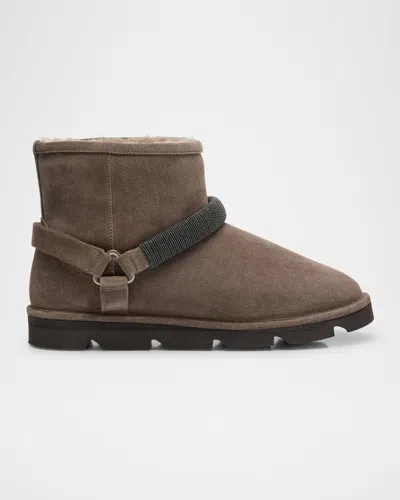 Brunello Cucinelli Suede Shearling Monili Harness Boots In Gray