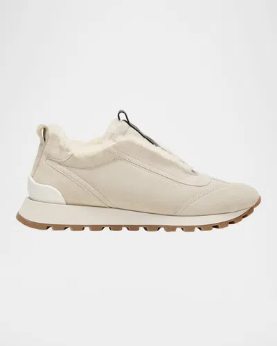 Brunello Cucinelli Suede Shearling Monili Slip-on Sneakers In White