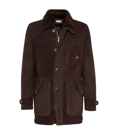 Brunello Cucinelli Suede-shearling Pea Coat In Brown