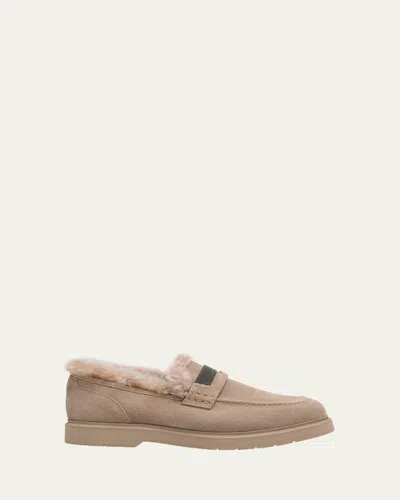 Brunello Cucinelli Suede Shearling Penny Loafers In Beige