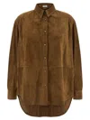 Brunello Cucinelli Long Sleeve Suede Shirt With Curved Hem In Brown