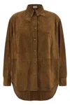 Brunello Cucinelli Long Sleeve Suede Shirt With Curved Hem In Brown
