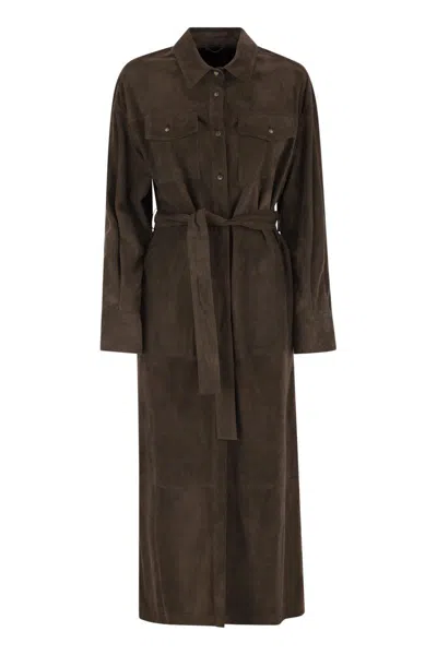 Brunello Cucinelli Suede Shirt Dress With Necklace In Brown
